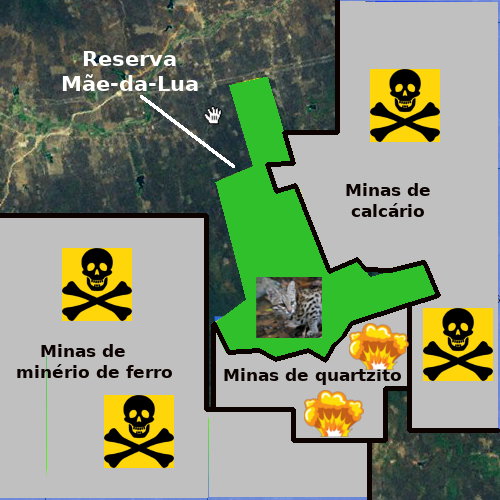 Mapa schematico: mineração nas redondezas da Reserva Mãe-da-Lua
