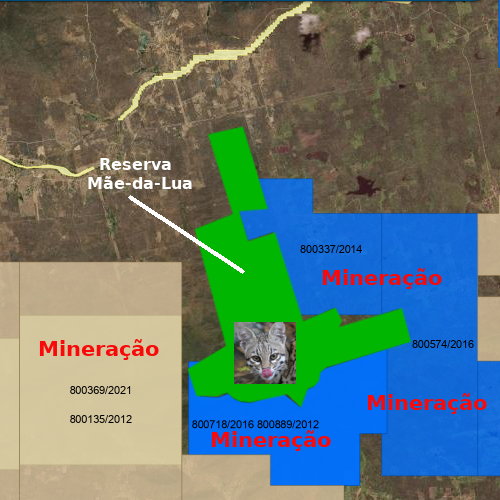 Mapa schematico: mineração nas redondezas da Reserva Mãe-da-Lua